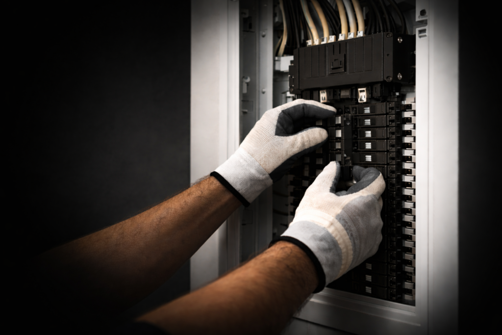 Electrician's gloved hands installing circuit breakers